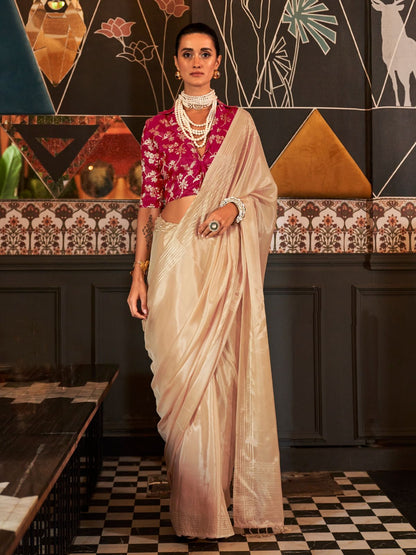 Rajwada Beige Viscose Woven Saree With Unstitched Blouse For Women