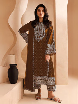 Rajwada Brown Georgette  Embroidered Semi-Stitched Kurta Set For Women