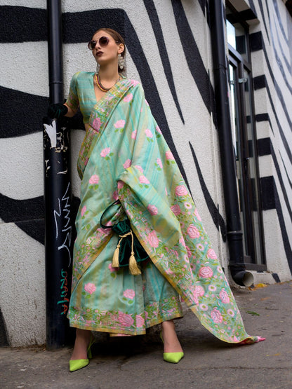 Rajwada Green Silk Blend Woven Saree With Unstitched Blouse For Women