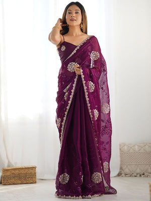 Rajwada Wine Chiffon Embroidered Elegant Saree For Women