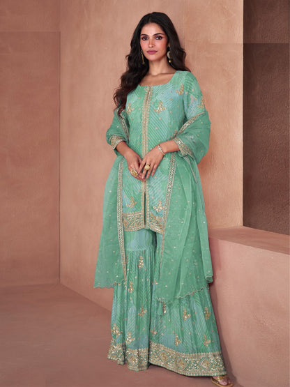 Rajwada Light Green Georgette Embellished Stitched Kurta Set For Women