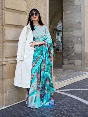 Rajwada Multicolor Satin Printed Saree With Unstitched Blouse For Women