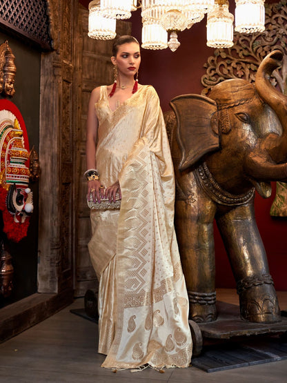 Rajwada Off White Satin Woven Saree With Unstitched Blouse For Women