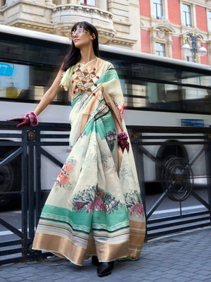 Rajwada Multicolor Satin Printed Saree With Unstitched Blouse For Women