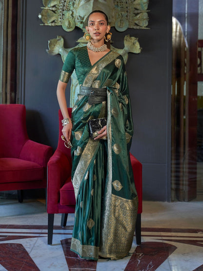Rajwada Green Silk Blend Woven Saree With Unstitched Blouse for Women