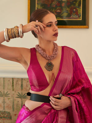 Rajwada Pink Organza Woven Saree With Unstitched Blouse for Women