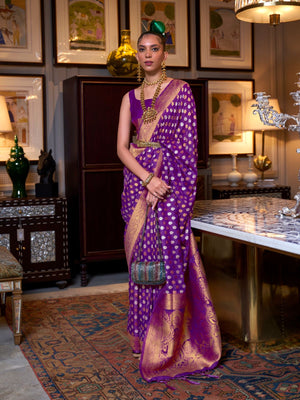 Rajwada Purple Silk Blend Woven Saree With Unstitched Blouse for Women