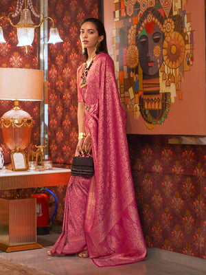 Rajwada Pink Silk Blend Woven Saree With Unstitched Blouse For Women