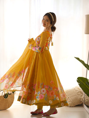 Rajwada Yellow Georgette Printed Stitched Kurta Set For Women