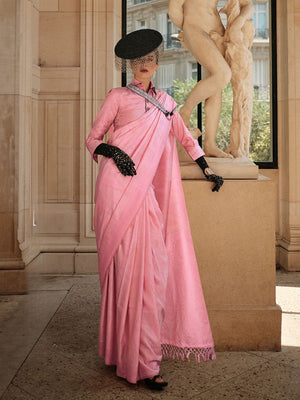 Rajwada Pink Silk Blend Woven Saree With Unstitched Blouse For Women