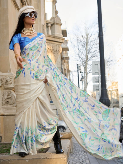 Rajwada Cream Satin Printed Saree With Unstitched Blouse For Women