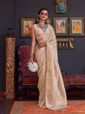 Rajwada Off White Silk Blend Woven Saree With Unstitched Blouse For Women