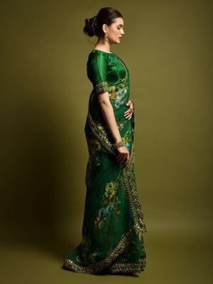 Rajwada Green Georgette Embroidered Printed Saree For Women