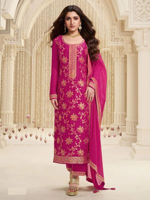 Rajwada Pink Viscose Embroidered Semi-Stitched Kurta Set For Women