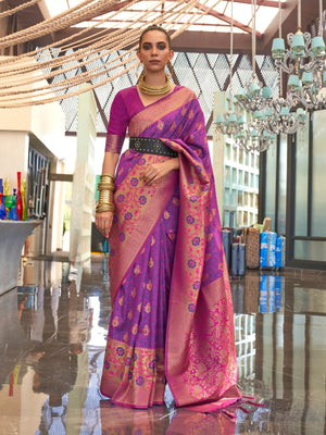 Rajwada Purple Silk Blend Woven Saree With Unstitched Blouse for Women