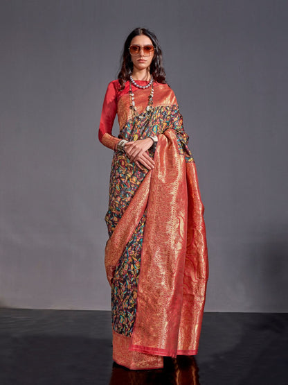 Rajwada Multicolor Modal Woven Saree With Unstitched Blouse For Women