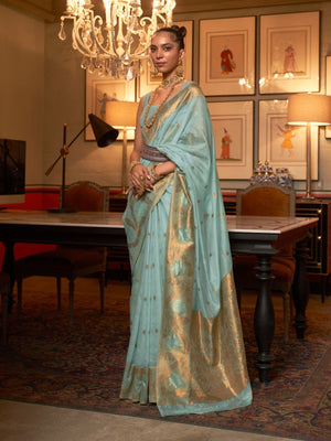 Rajwada Green Silk Blend Woven Saree With Unstitched Blouse for Women