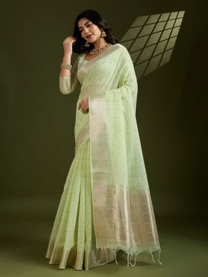 Rajwada Pista Green Silk Blend Woven Checked Saree For Women