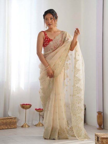 Rajwada Beige Organza Embellished Solid Saree For Women