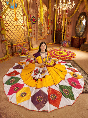 Rajwada Multicolor Viscose Cotton Embroidered Semi-Stitched lehenga With Patch Work And Stunning Tassels For Women