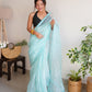 Rajwada Light Blue Organza Lace Work Saree With Unstitched Blouse For Women