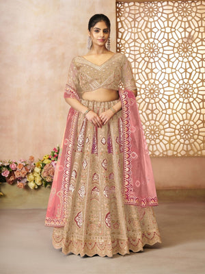 Rajwada Beige Banarasi Silk Embroidered Semi-Stitched Lehenga For Women