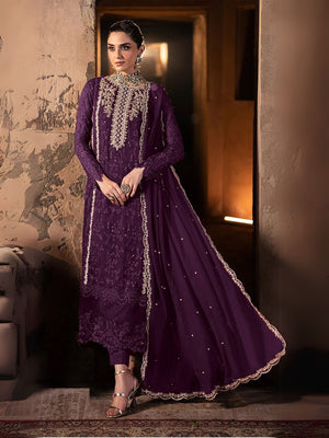 Rajwada Wine Georgette Embroidered Semi-Stitched Kurta Set For Women