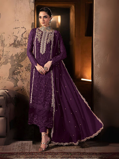 Rajwada Wine Georgette Embroidered Semi-Stitched Kurta Set For Women