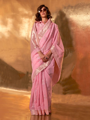 Rajwada Pink Linen Woven Saree With Unstitched Blouse For Women