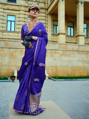 Rajwada Royal Blue Satin Woven Saree With Unstitched Blouse For Women