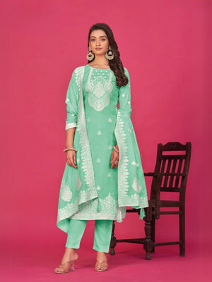 Rajwada Green Organza Embroidered Semi-Stitched Kurta Set For Women