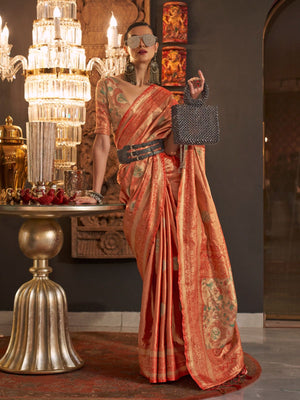 Rajwada Orange Silk Blend Woven Saree With Unstitched Blouse For Women