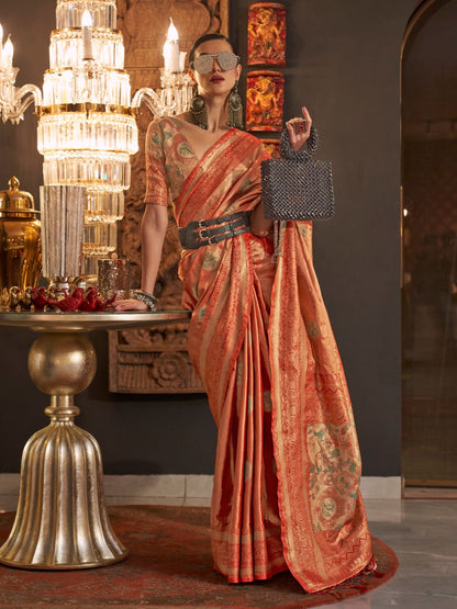 Rajwada Orange Silk Blend Woven Saree With Unstitched Blouse For Women