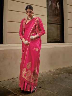 Rajwada Red Satin Woven Saree With Unstitched Blouse For Women
