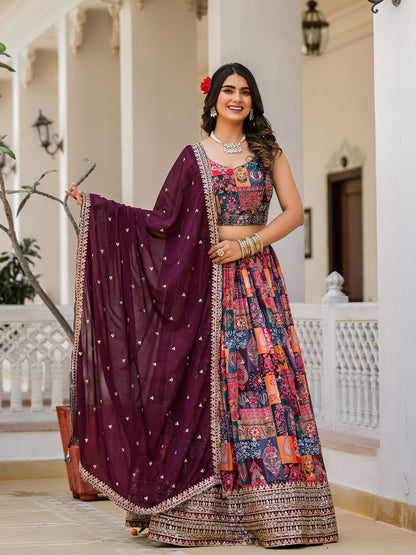 Rajwada Multicolor Georgette  Digital Printed With Sequins Work Stitched lehenga For Women