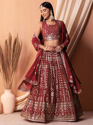 Rajwada Maroon Georgette Embellished Semi-Stitched Lehenga For Women