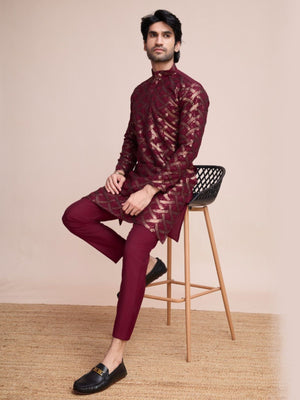 Rajwada Maroon Silk Blend Sequins Stitched  Kurta For Men
