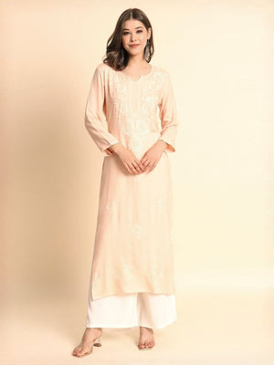 Rajwada Peach Rayon Embroidered Kurti For Women