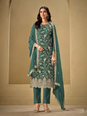 Rajwada Teal Chinon Embroidered Semi-Stitched Kurta Set For Women