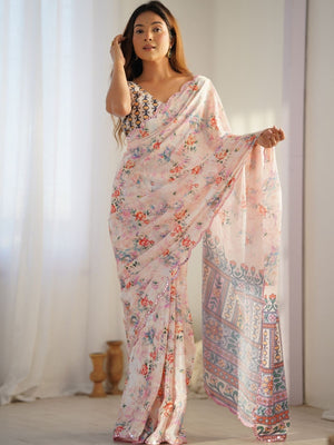 Rajwada Off White Chinon Printed Saree With Unstitched Blouse For Women