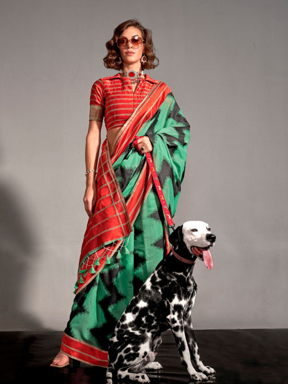 Rajwada Green Silk Blend Woven Saree With Unstitched Blouse For Women