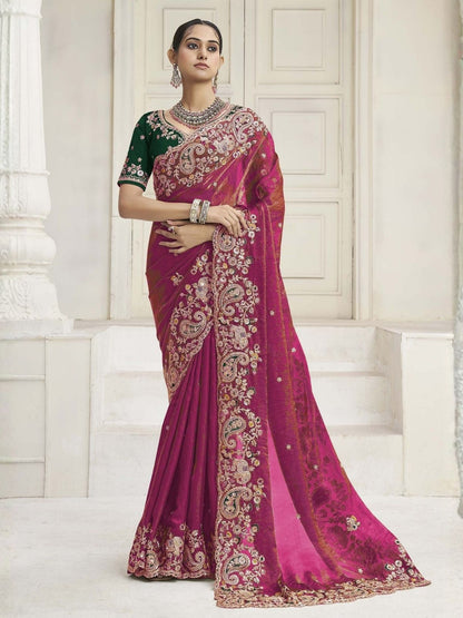 Rajwada Dark Pink Satin Embroidered Saree For Women
