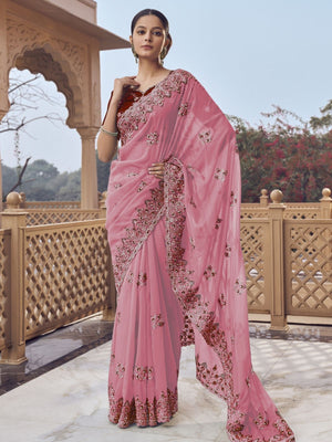 Rajwada Pink Georgette Embellished Elegant Saree For Women