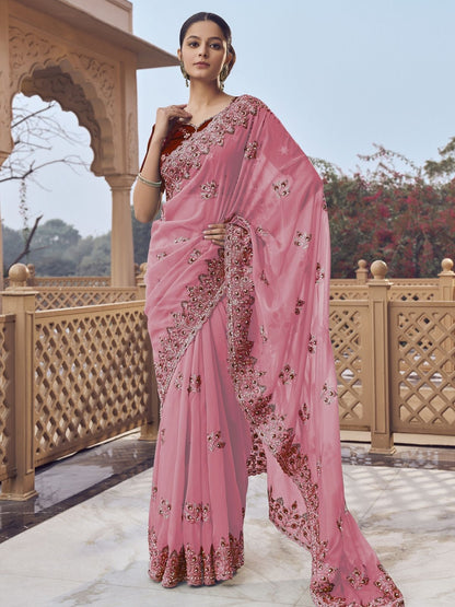 Rajwada Pink Georgette Embellished Elegant Saree For Women