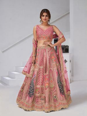 Rajwada Pink Silk Blend Embroidered Semi-Stitched Lehenga For Women