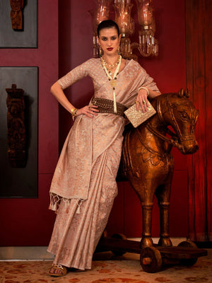 Rajwada Peach Silk Blend Woven Saree With Unstitched Blouse For Women