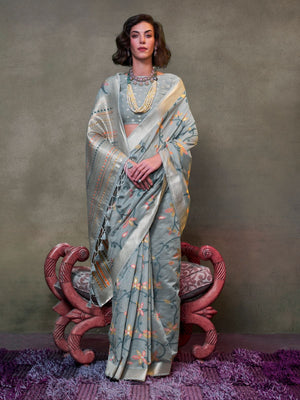 Rajwada Grey Silk Blend Woven Saree With Unstitched Blouse For Women