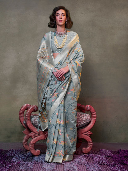 Rajwada Grey Silk Blend Woven Saree With Unstitched Blouse For Women
