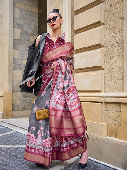 Rajwada Grey Silk Blend Printed Saree With Unstitched Blouse For Women