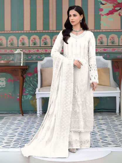 Rajwada White Georgette Embroidered Semi-Stitched Kurta Set For Women